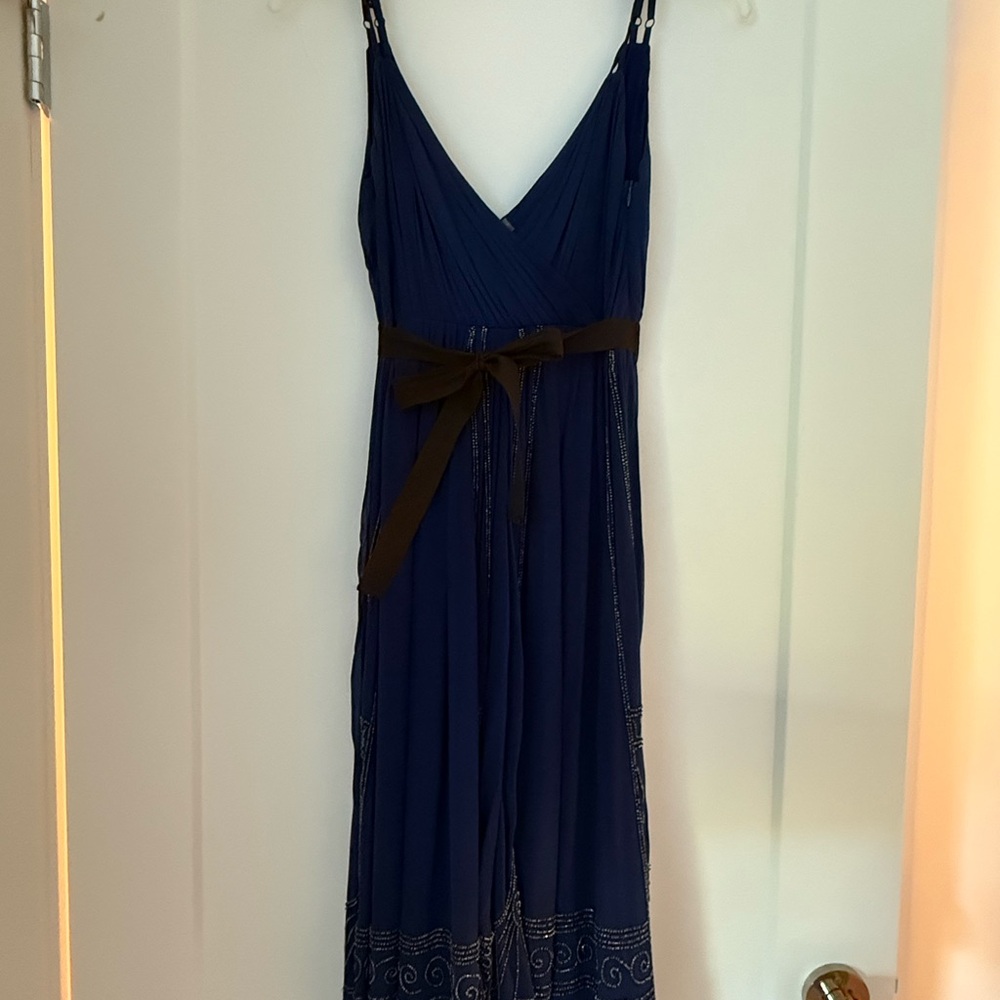 Reiss Navy Maxi Dress with Brown Tie